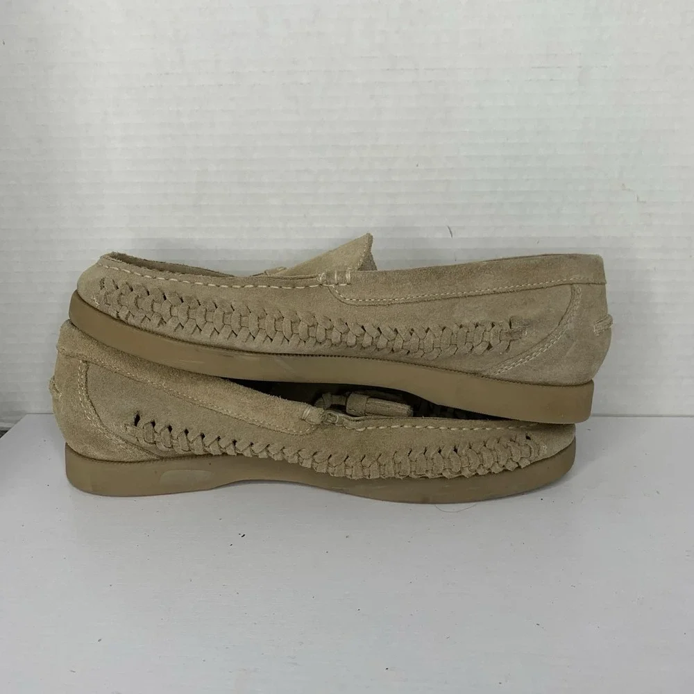 ASOS DESIGN loafers with weave detail in stone suede with natural sole